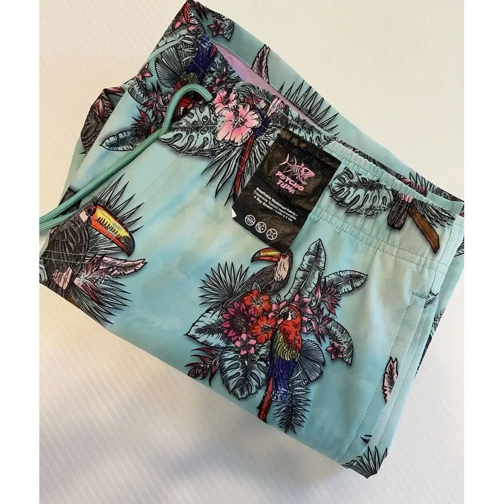 NWT Psycho‎ Tuna Mens Large Tropical Bird Parrot Swim Trunks Board Shorts